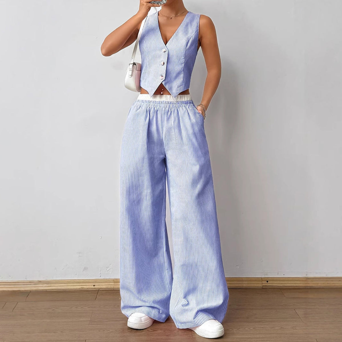 Striped V-neck Sleeveless Top &amp; Wide Leg Pants