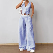 Striped V-neck Sleeveless Top &amp; Wide Leg Pants
