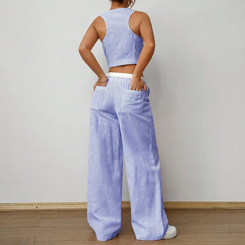 Striped V-neck Sleeveless Top &amp; Wide Leg Pants