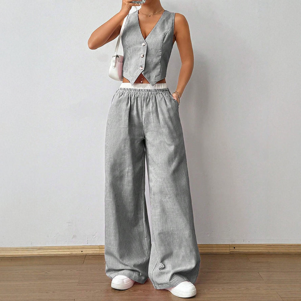 Striped V-neck Sleeveless Top &amp; Wide Leg Pants