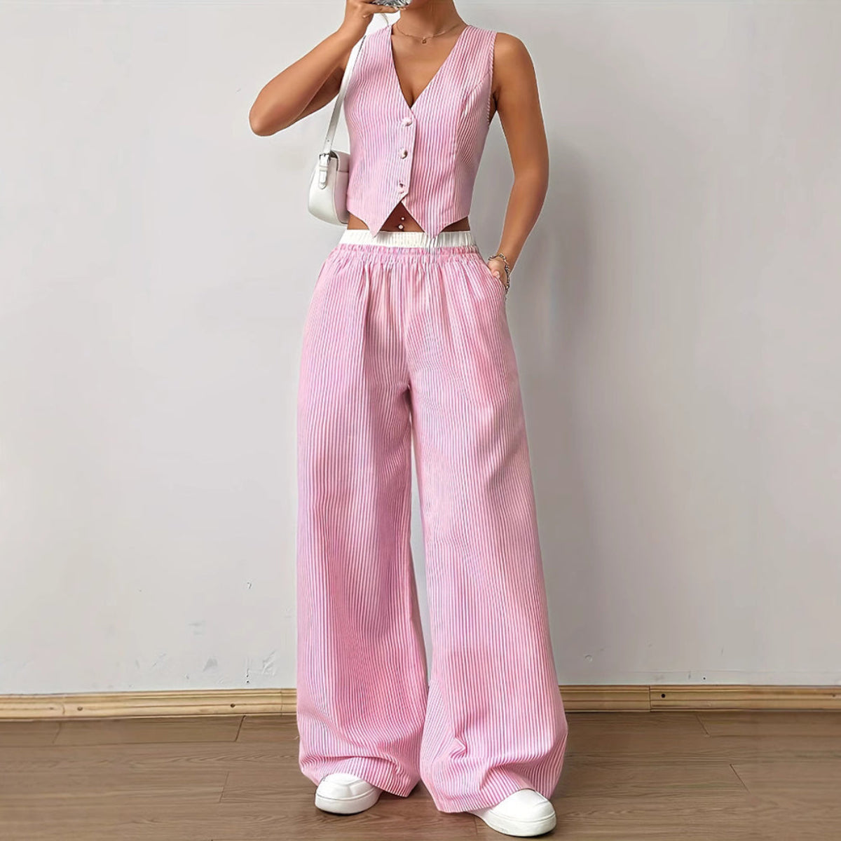 Striped V-neck Sleeveless Top &amp; Wide Leg Pants