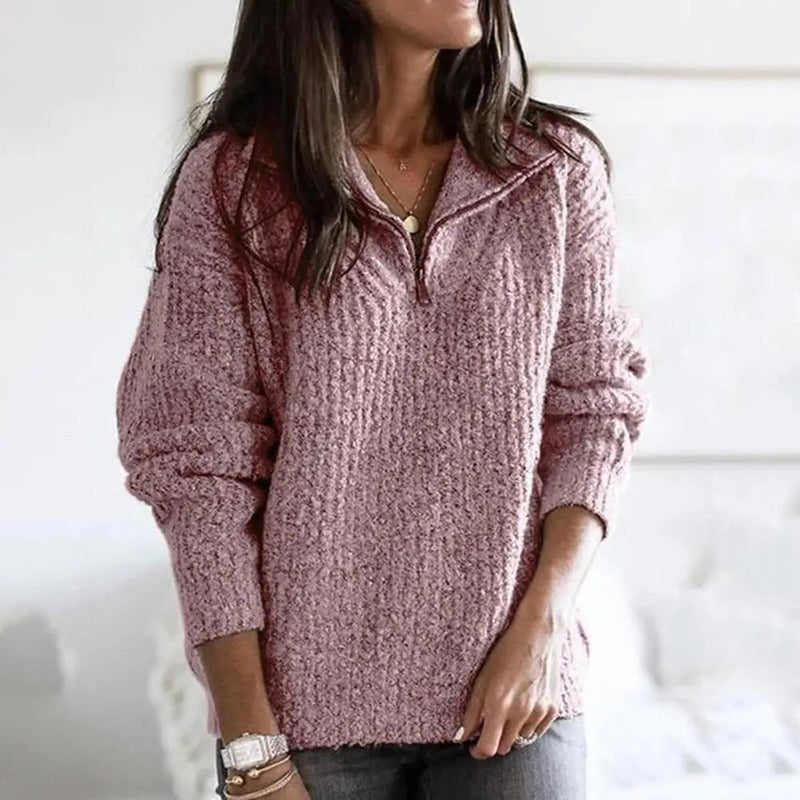 Structured Knit Half-Zip Pullover For Women With Long Sleeves