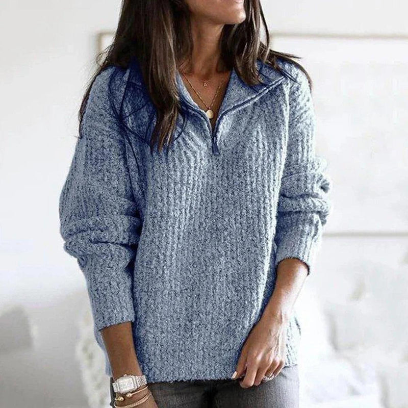 Structured Knit Half-Zip Pullover For Women With Long Sleeves