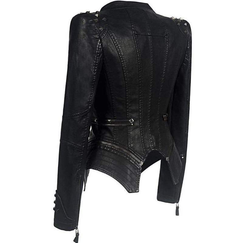 Studded Black PU Leather Jacket for Women