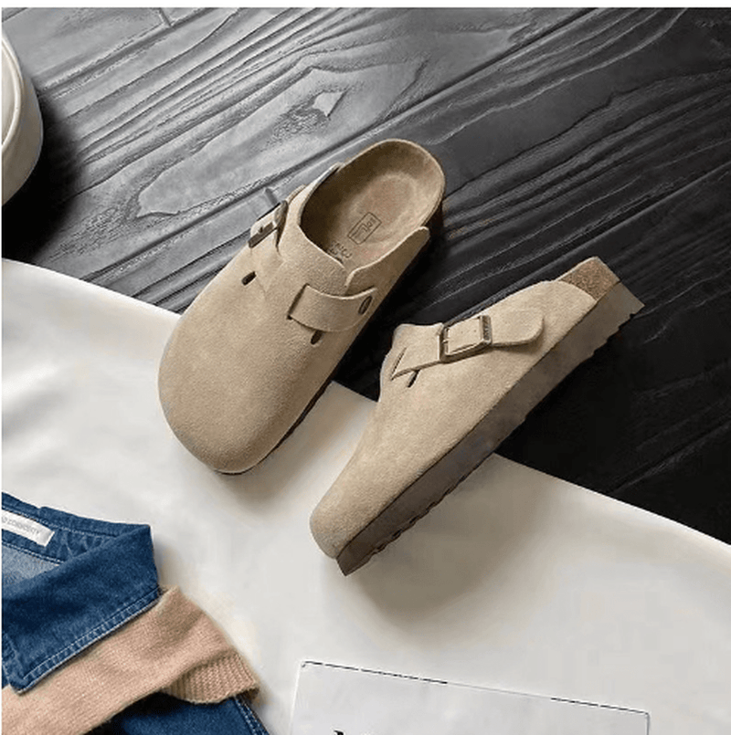 Suede Slip-On Clogs With Adjustable Buckle