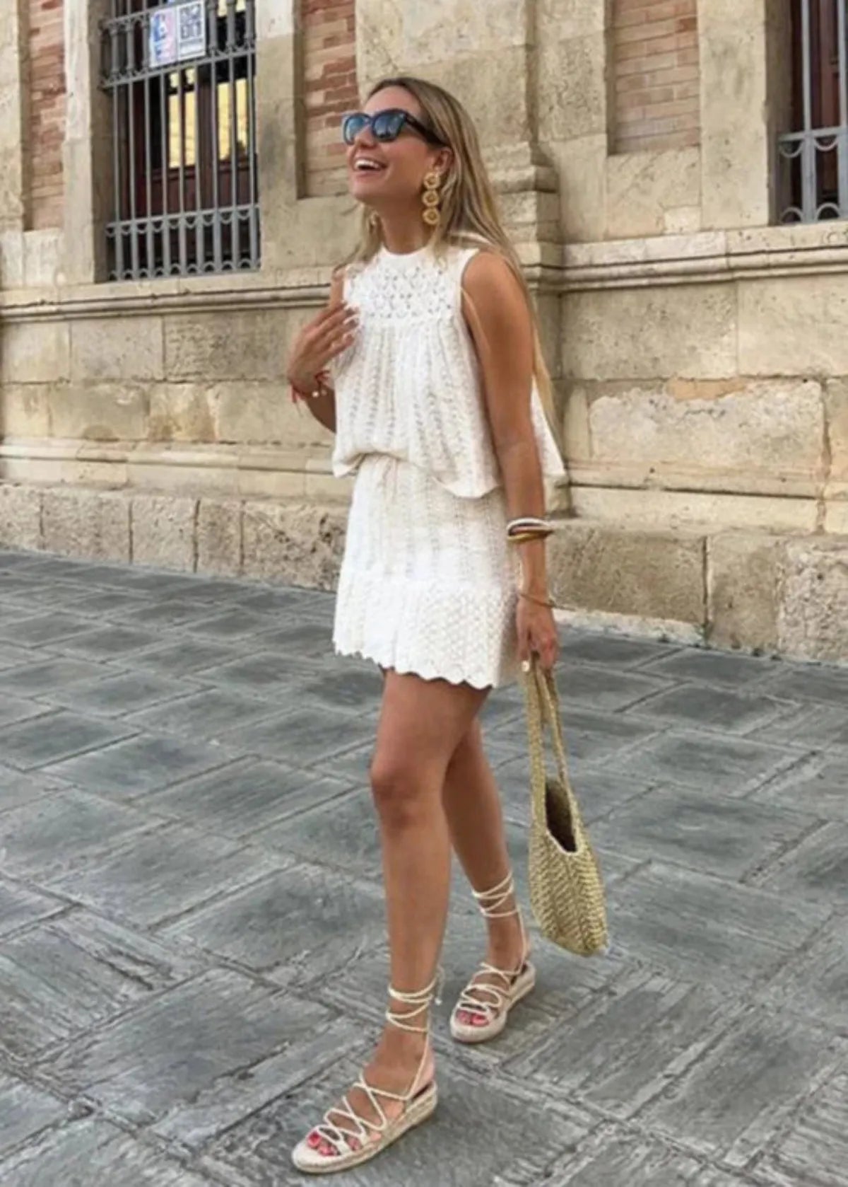 Summer Drawstring Knit Mesh Mini Skirt Set
