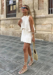 Summer Drawstring Knit Mesh Mini Skirt Set