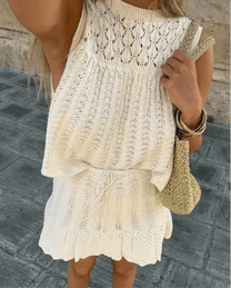 Summer Drawstring Knit Mesh Mini Skirt Set