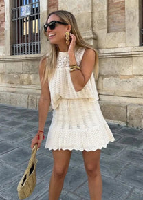 Summer Drawstring Knit Mesh Mini Skirt Set