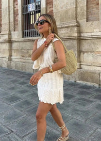 Summer Drawstring Knit Mesh Mini Skirt Set