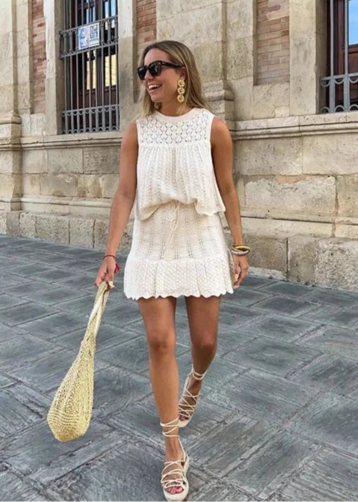 Summer Drawstring Knit Mesh Mini Skirt Set