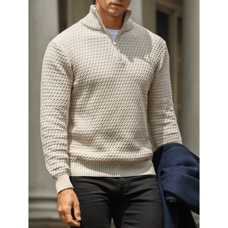 Tailored Fit Half Zip Sweater With Ribbed Detailing