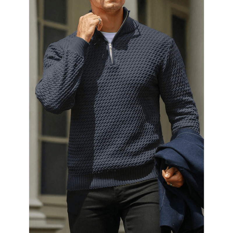 Tailored Fit Half Zip Sweater With Ribbed Detailing