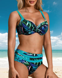 Tailored High-Waist Bikini With Leaf Print Design