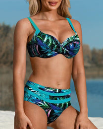 Tailored High-Waist Bikini With Leaf Print Design