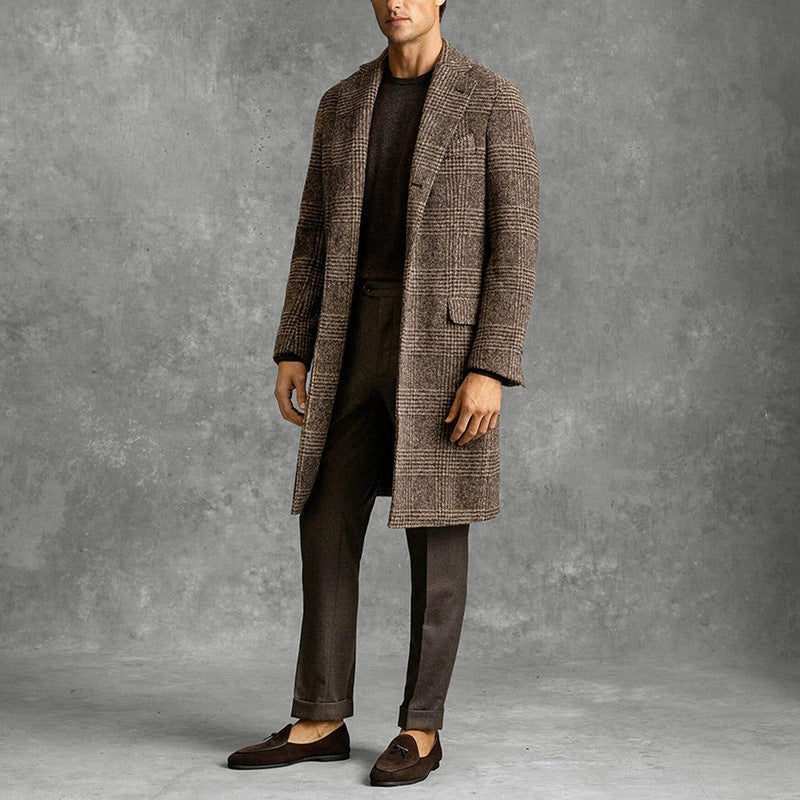 Tailored Wool Blend Check Overcoat for Men