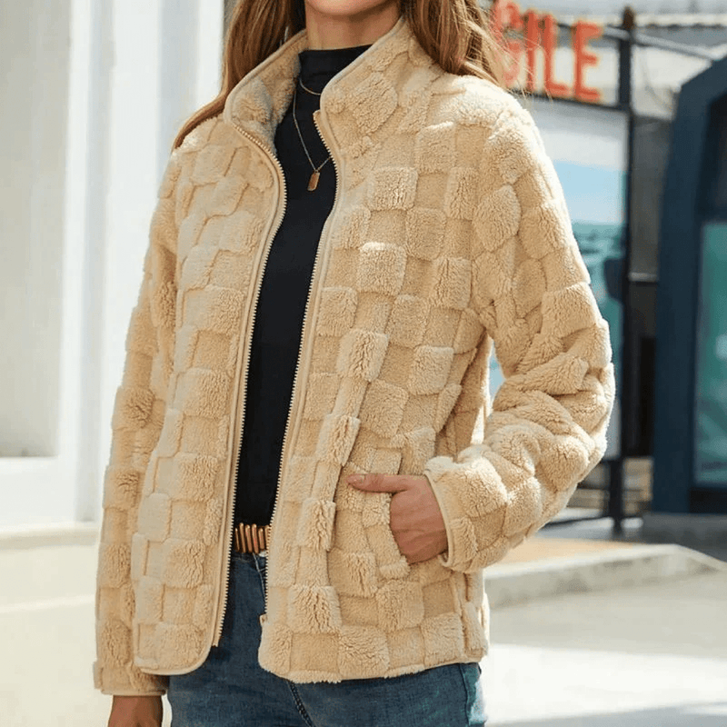 Textured Fleece Jacket With Stand Collar For Women