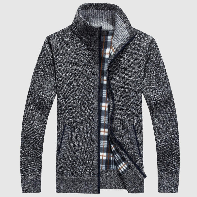 Textured Knit Zip-Up Cardigan With Plaid Lining