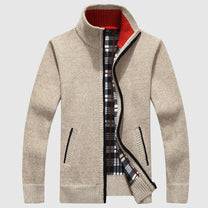 Textured Knit Zip-Up Cardigan With Plaid Lining
