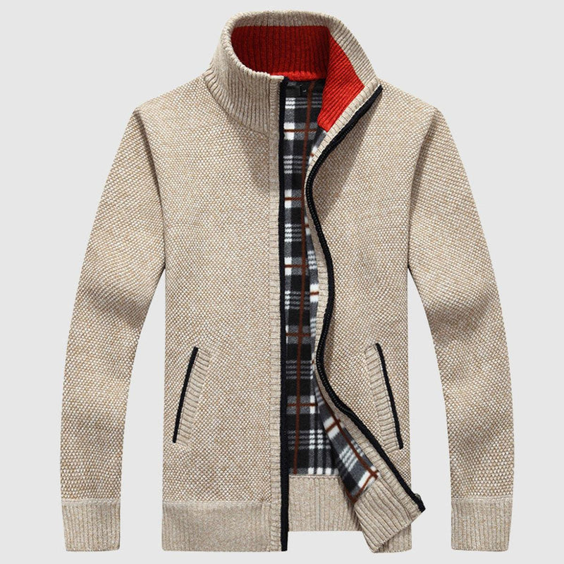Textured Knit Zip-Up Cardigan With Plaid Lining