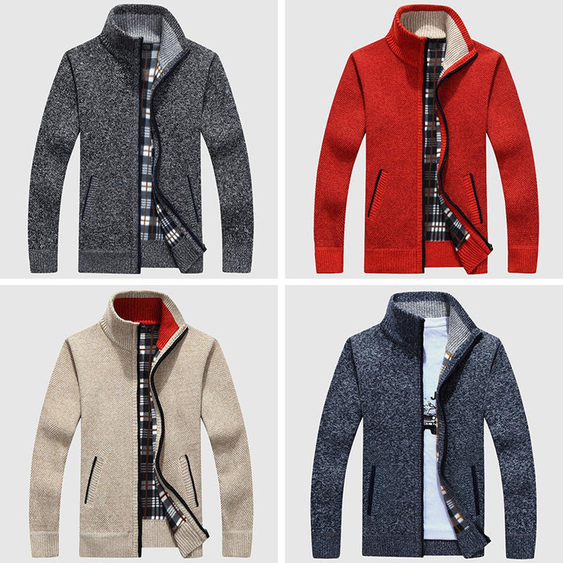 Textured Knit Zip-Up Cardigan With Plaid Lining
