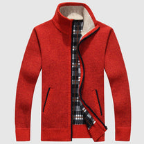 Textured Knit Zip-Up Cardigan With Plaid Lining