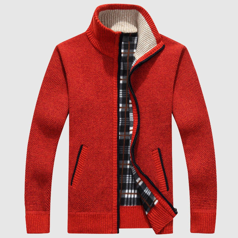 Textured Knit Zip-Up Cardigan With Plaid Lining