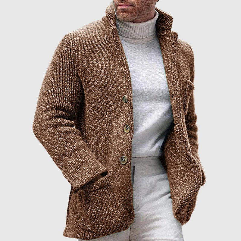 Textured Knitted Cardigan With Stand-Up Collar