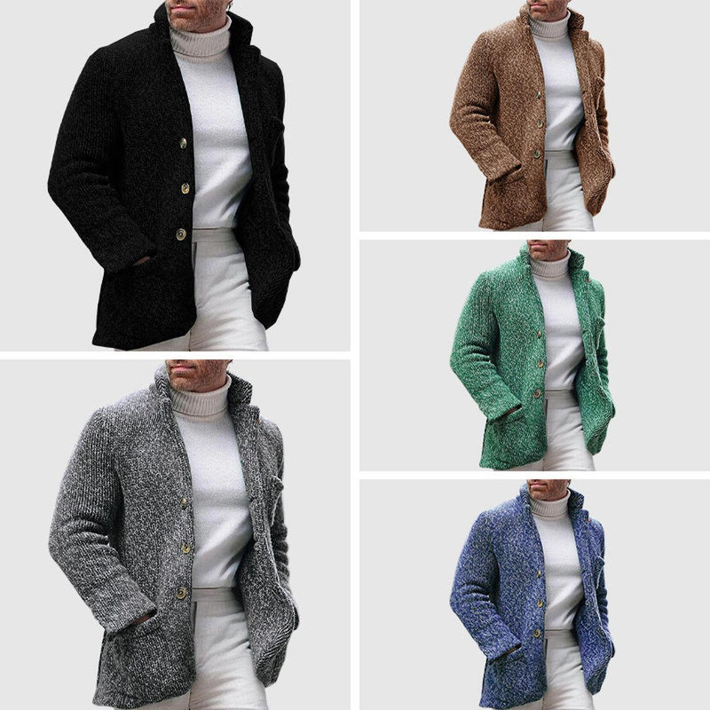 Textured Knitted Cardigan With Stand-Up Collar