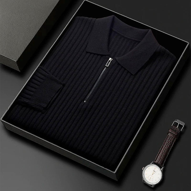 Textured Ribbed Knit Polo Sweater With Zip Neck