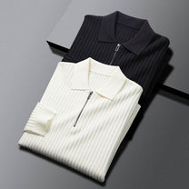 Textured Ribbed Knit Polo Sweater With Zip Neck