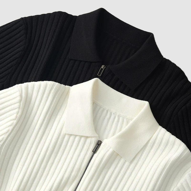 Textured Ribbed Knit Polo Sweater With Zip Neck