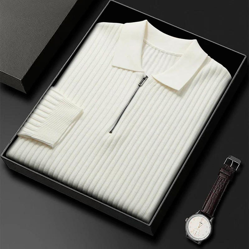 Textured Ribbed Knit Polo Sweater With Zip Neck