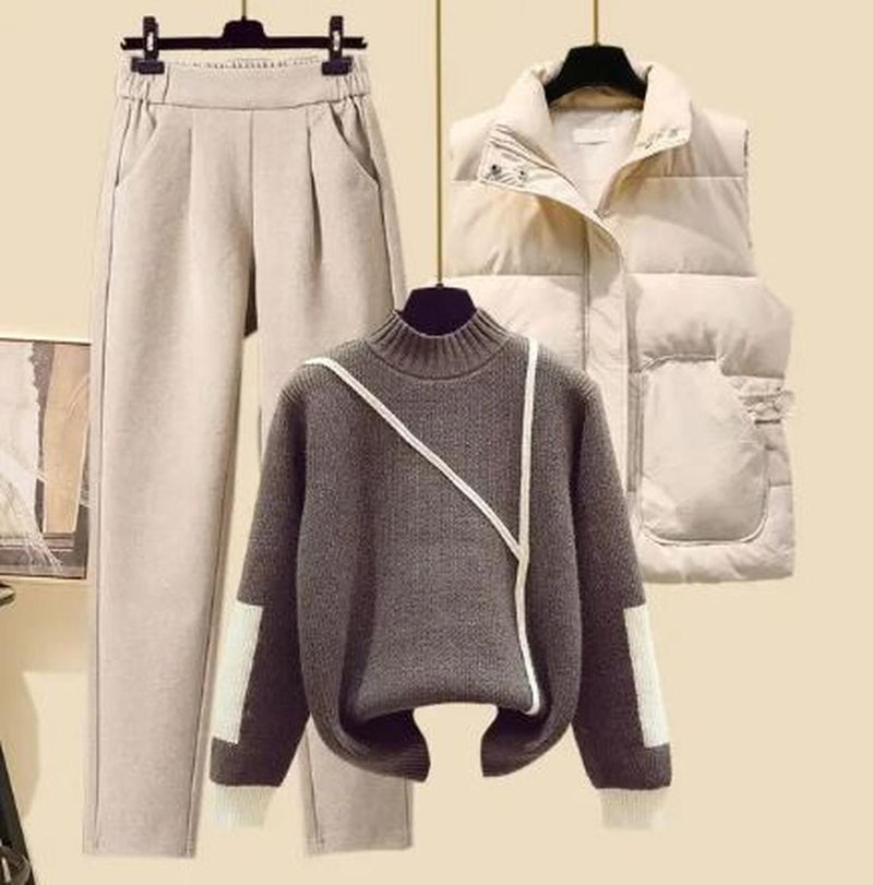 Three-Piece Women&#39;s Autumn Set: Trousers, Gilet, And Pullover