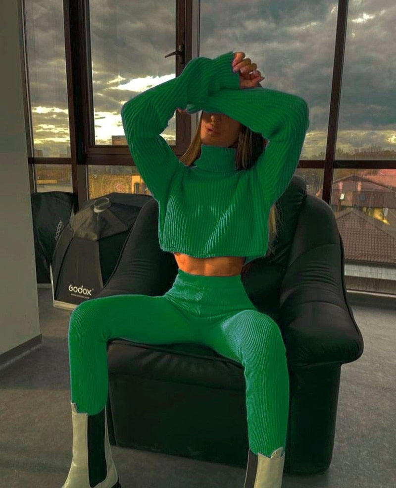 Turtleneck Crop Top And Leggings Set