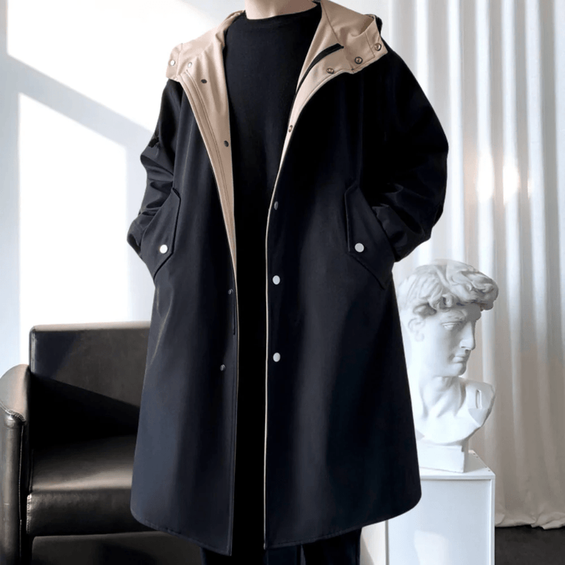 Two-Tone Hooded Long-Line Coat For Men