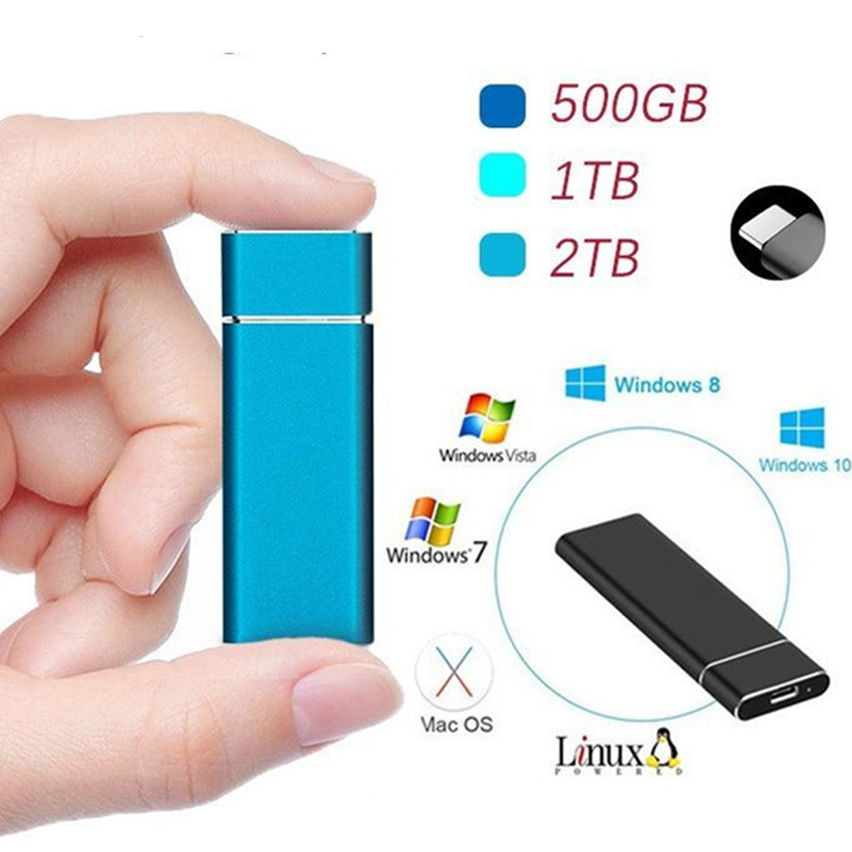 Ultra-Fast External Hard Drive 1TB/2TB USB 3.1 Type-C