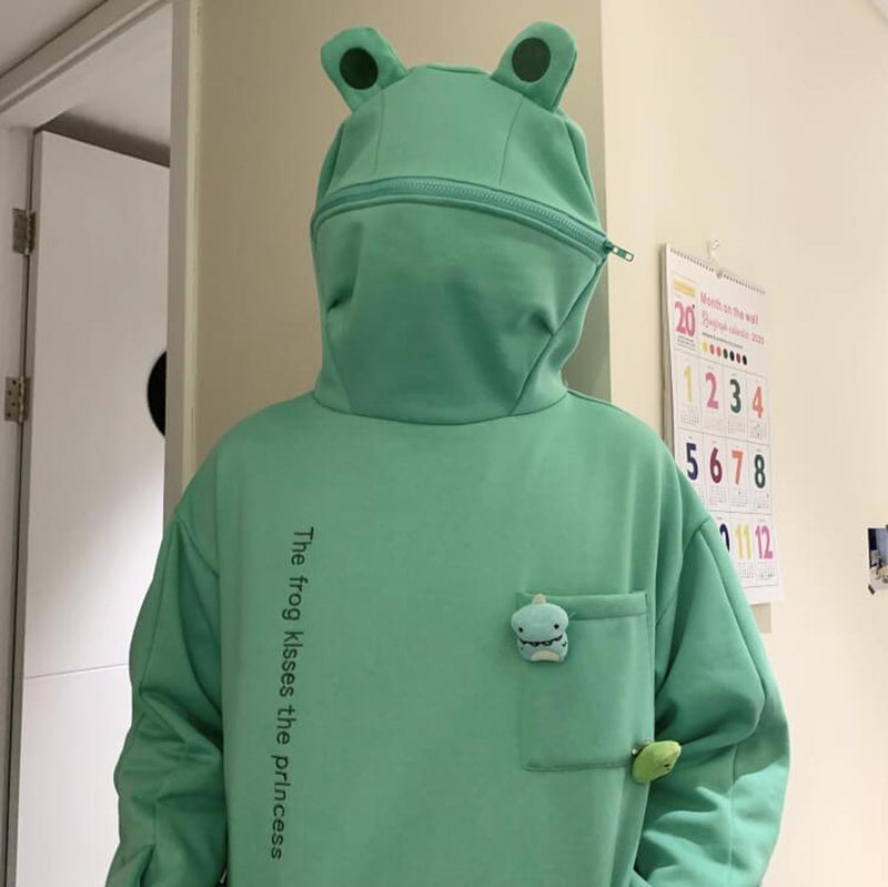 Unisex Oversized Hoodie With Frog Design And Zip Hood