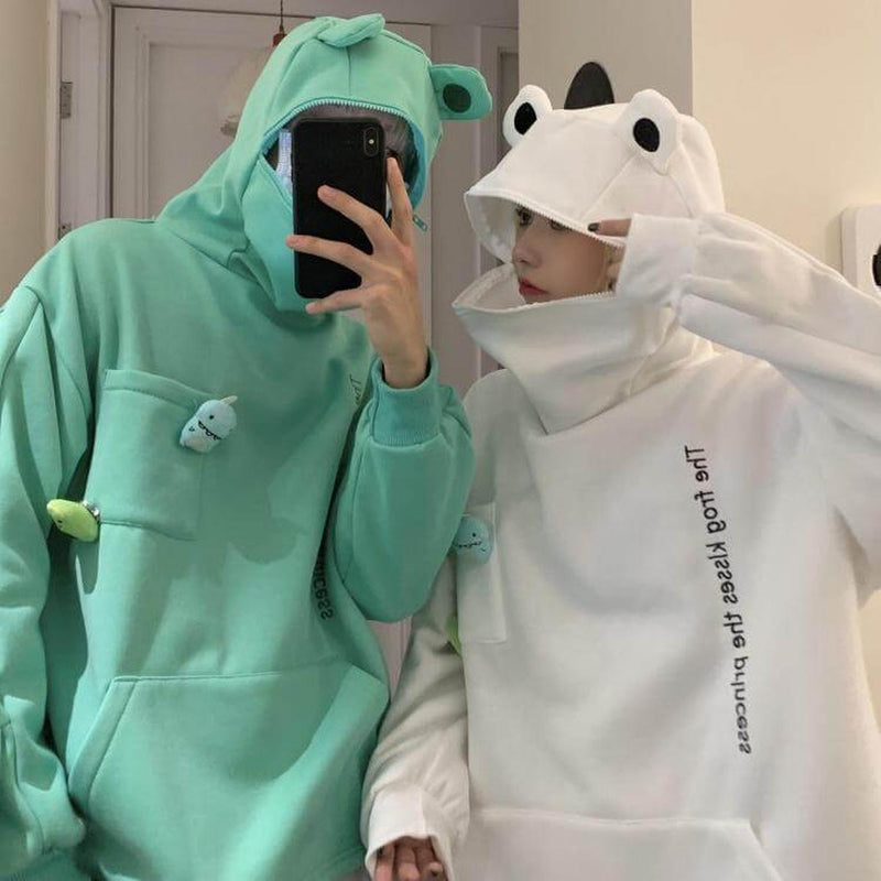 Unisex Oversized Hoodie With Frog Design And Zip Hood