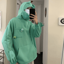 Unisex Oversized Hoodie With Frog Design And Zip Hood