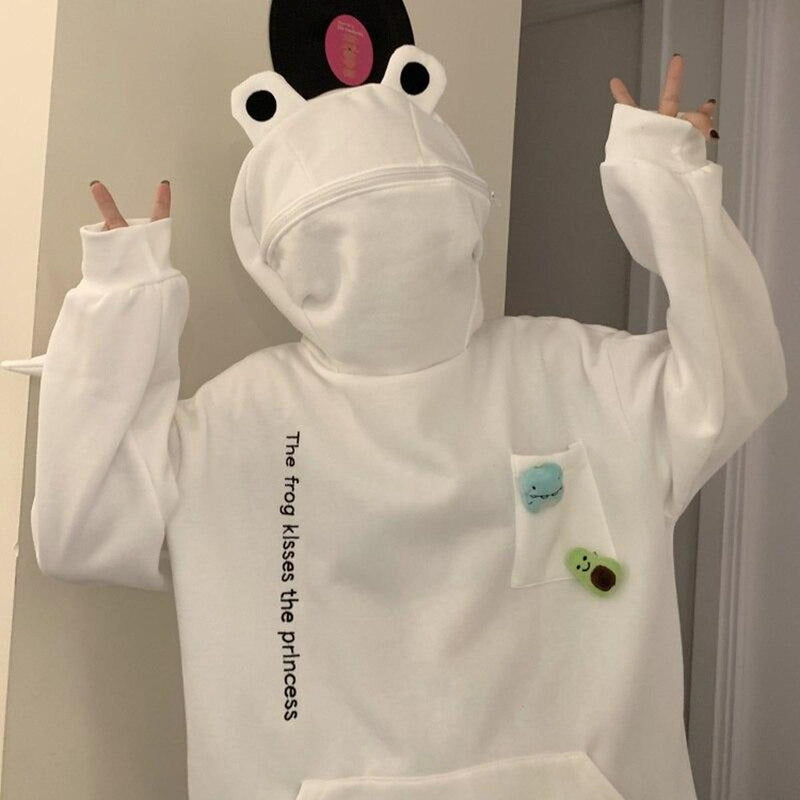 Unisex Oversized Hoodie With Frog Design And Zip Hood