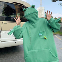 Unisex Oversized Hoodie With Frog Design And Zip Hood
