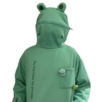 Unisex Oversized Hoodie With Frog Design And Zip Hood