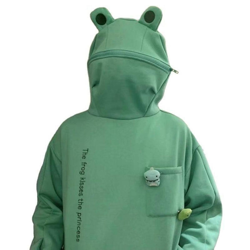 Unisex Oversized Hoodie With Frog Design And Zip Hood
