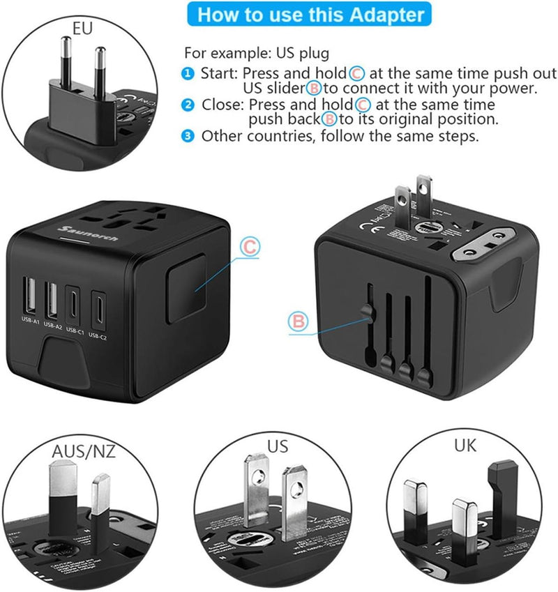 Universal Travel Adapter With USB-C And 3 USB-A Ports For Worldwide Use