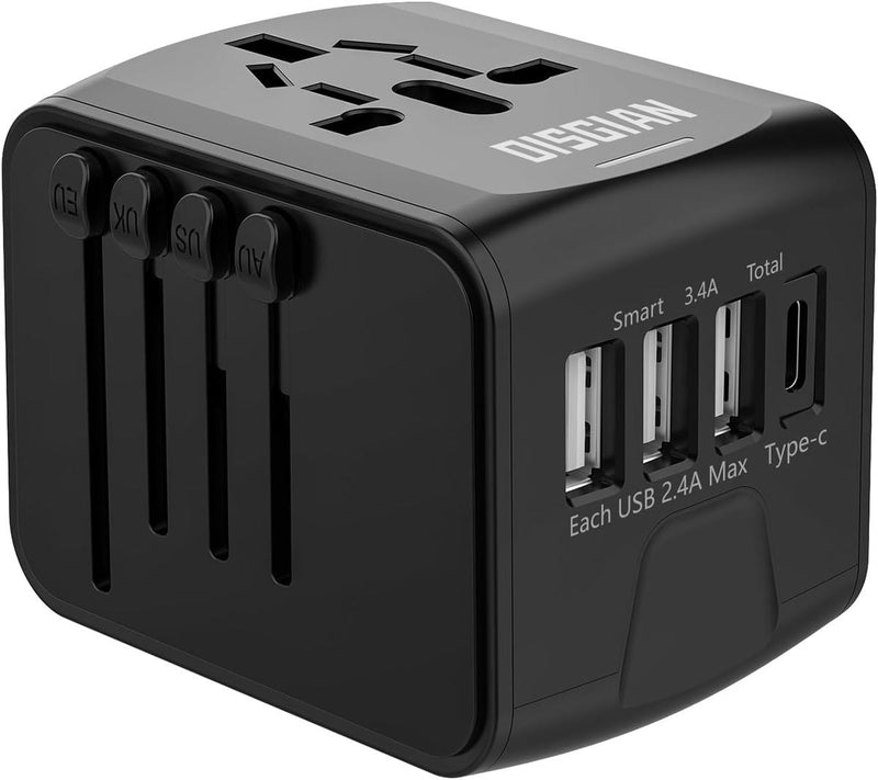 Universal Travel Adapter With USB-C And 3 USB Ports For Worldwide Charging
