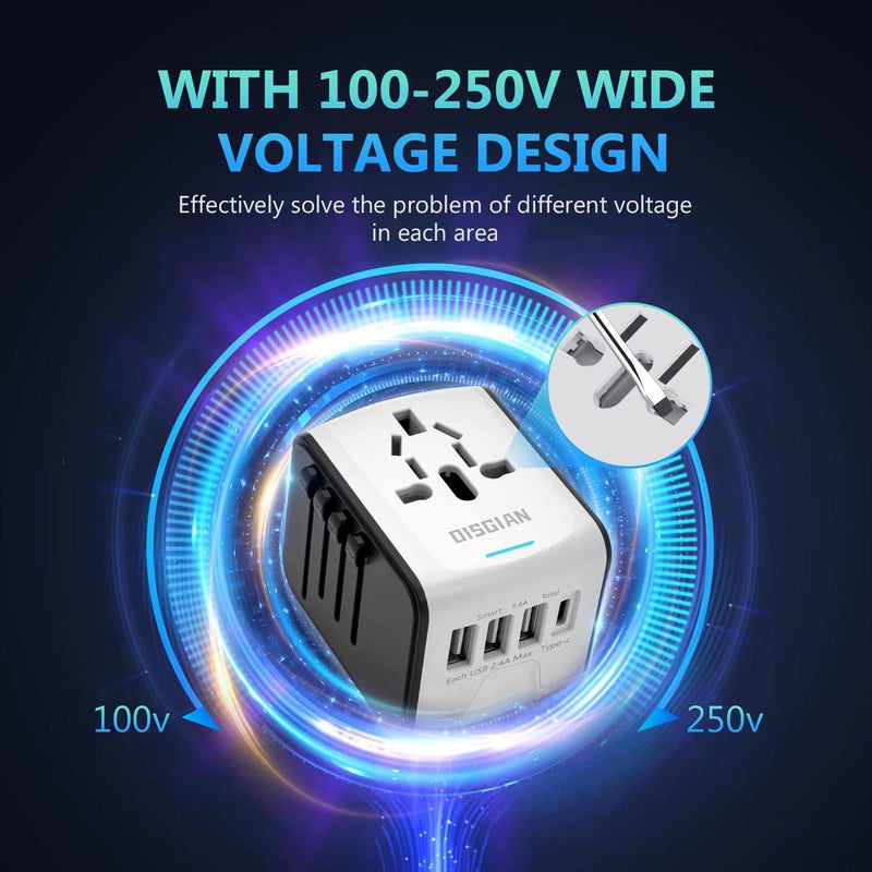 Universal Travel Adapter With USB-C And 3 USB Ports For Worldwide Charging