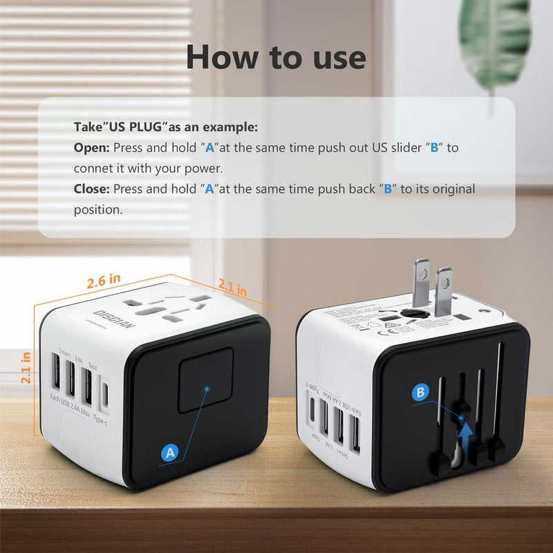 Universal Travel Adapter With USB-C And 3 USB Ports For Worldwide Charging