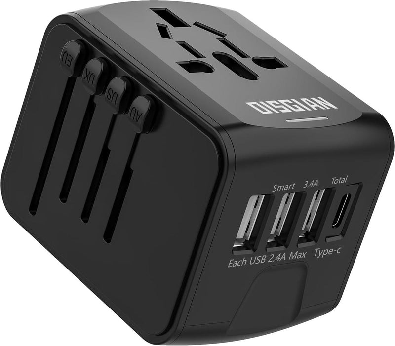 Universal Travel Adapter With USB-C And 3 USB Ports For Worldwide Charging