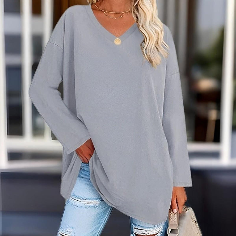 V-Neck Long Sleeve Shirt Cotton Polyester Blend